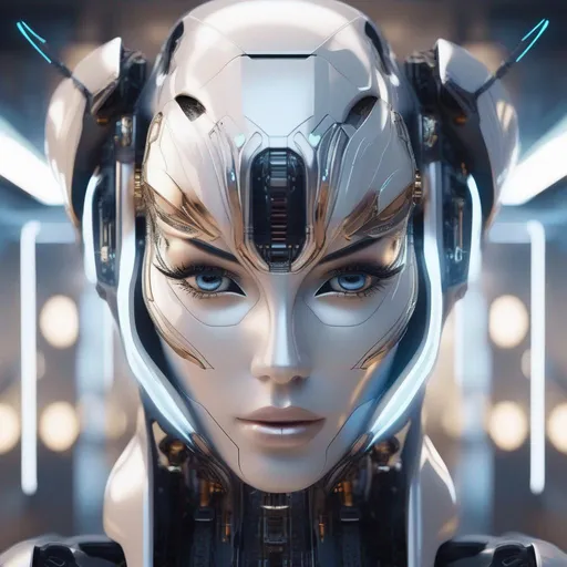 Prompt: A Futuristic female angel robot face, facing towards the camera