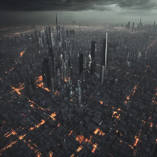 Prompt: Tall towers and skyscrapers far ,city, rainy, grey ,large number of small buildings ,bulding have eyes, gazing at us,  horrifying ,dark, concept art, digital, predominantly featuring black and gray colors, volumetric lighting, dawn , aerial view , ,predominantly featuring black and azure colors, 