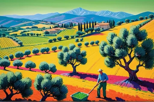 Prompt: (vibrant landscape of an Italian olive oil farm), (two middle-aged men harvesting olives), rolling green hills, majestic mountains in the background, (David Hockney style), bold colors, dynamic compositions, high contrast, (expressive brush strokes), warm sunlight illuminating the scene, lively atmosphere, (ultra-detailed), engaging and immersive, inviting viewers into the rural charm of olive harvesting.