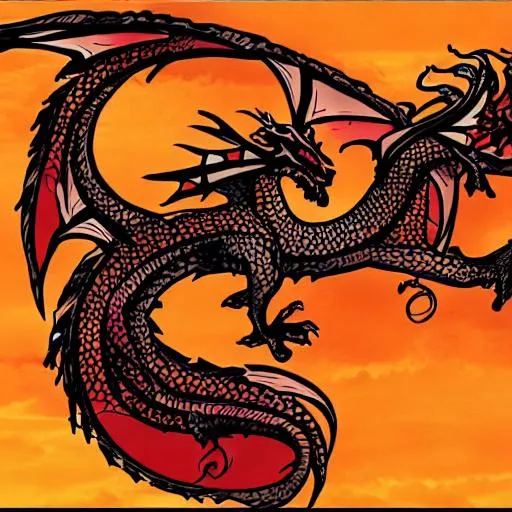 Prompt: Design a dragon art for design with sunset