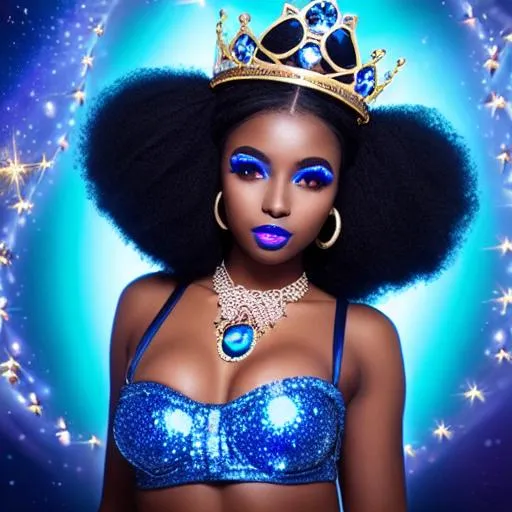 Prompt: anime style, woman, black skin, dark brown skin, hip hop clothes, blue lipstick, ahnk, blue hair, blue cake crown, sky blue dress, Large blue diamond heart necklaces, Glowing blue spiral eyes, blue eyeshadow, long blue drooping crystal earrings. cold color scheme, ultra-detailed, 8k resolution, perfect, smooth, high quality, shiny, silver pyramid Background