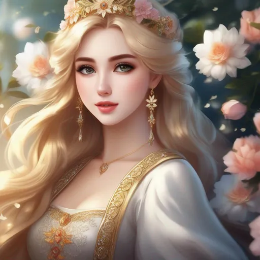 Prompt: and beautiful pretty art 4k full HD flower princess golden blonde hair beautiful pretty gorgeous face 