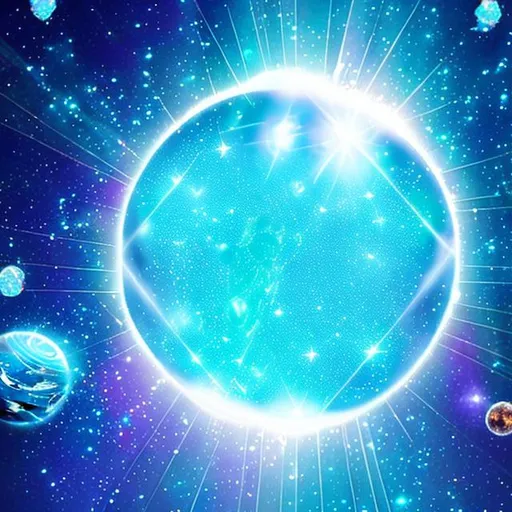 Prompt: Universal Zero point light blue beady cristal shards broken floating glowing orb epic in space stars