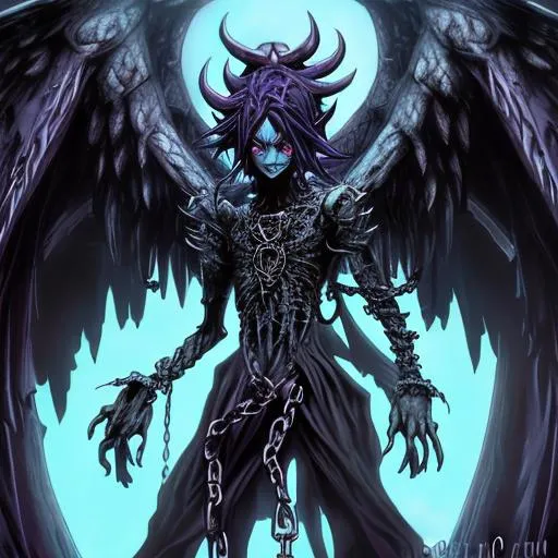 Prompt: dark necrofear and change of heart, half angel monster design, doll parts, doll joints, humanoid, bound in chains, detailed character art, full sized yugioh art, dark fiend type