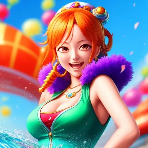 Prompt: hyper detailed, hyper artistic, hyper futuristic, hyper realistic, hyper unique, hyper unseen of too colored laughing Nami from One Piece, 4k