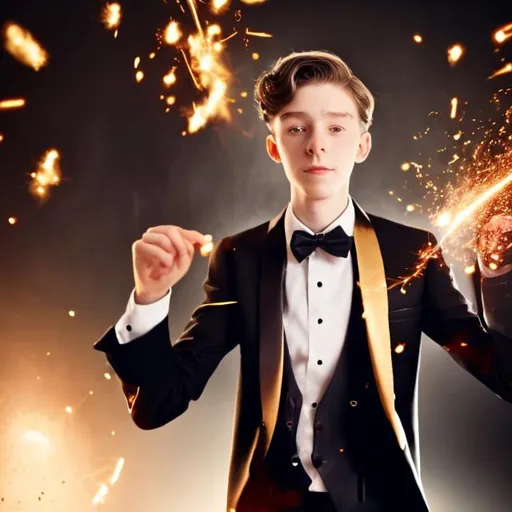 Prompt: 16 year old boy in a tuxedo twisting a botton on his tuxedo causing sparking magic to fly out of it across the room 