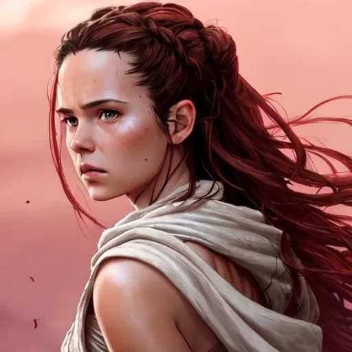 Prompt: rey from star wars {female character}, back to audience, longshot, flowing brown hair + flowing white robes + intense red glow , {{back to camera}}, hyperrealistic, dark fantasy, soft light, concept art, zoom in, over shoulder, luis royo, pink lips