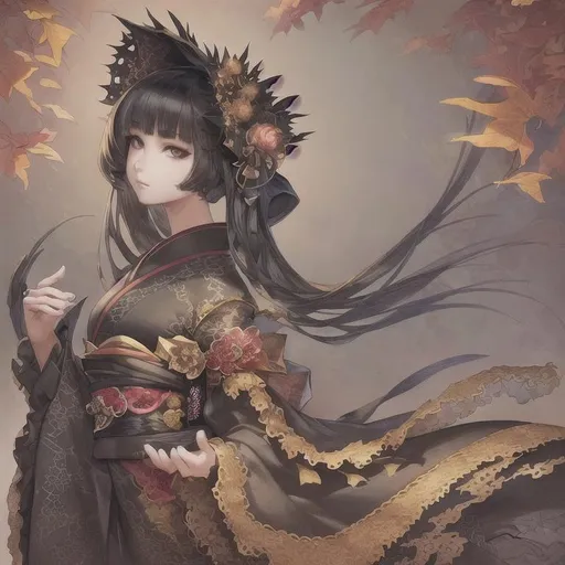 Prompt: masterpiece, illustration, best quality:1.2), 1girl, solo, black hair , finely detailed, detailed face, beautiful detailed eyes, black eyes, beautiful detailed shading, beautifully detailed background, black kimono, fallen leaf, autumn