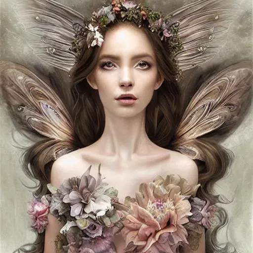 Prompt: Breathtaking baroque long haired beauty, fairy wings, acanthus scroll, Painted by artgerm and nicoletta ceccoli, daniel merriam, fantasy art, renaissance gown, hyper realistic flower bouquet painting, sparkles, Beautiful roman goddess, Haute Couture, princess dress, beautiful symmetrical face, pre-raphaelite, soft shadows, stunning, dreamy, elegant, ornate, style of michael parks, tom bagshaw, roberto ferri and Marco mazzoni, hyper-realistic, matte painting , enhanced, photo render, 8k, art by artgerm, wlop, loish, ilya kuvshinov, 8 k hyperrealistic, crackles, hyperdetailed, beautiful lighting, detailed background, depth of field, symmetrical face, frostbite 3 engine, cryengine, bubbles, dragonflies, garden of roses and peonies background, ultra detailed, soft lighting