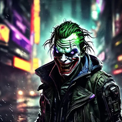 Prompt: Black, khaki and purple futuristic cyberpunk joker. Accurate. realistic. Bionic jaw. evil eyes. Slow exposure. Detailed. Dirty. Dark and gritty. Post-apocalyptic Neo Tokyo. Futuristic. Shadows. Sinister. Armed. Fanatic. Intense. Heavy rain. Explosion. Burning car in background
