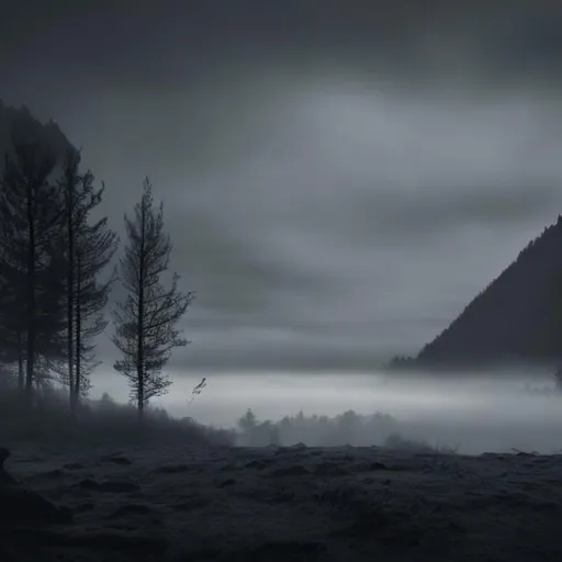 Prompt: The camera pans over a dark and eerie landscape, with mist shrouding the area.