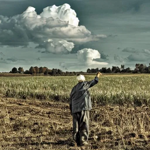 Prompt: a poor old man setting on the land see on the cloud