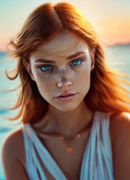 Prompt: Portrait of girl with copper hair and with pretty face, dark eyes, summer sunset vibe, perfect composition, hyperrealistic, super detailed, 8k, high quality, trending art, trending on artstation, sharp focus, studio photo, intricate details, highly detailed, sunkissed