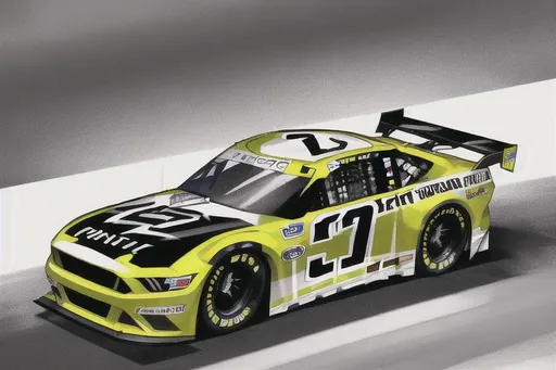 Prompt: Next Gen Nascar stock Ford Mustang car, sponsored by OpenArt, white and dark grey color scheme