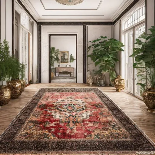 Prompt: Realistic photo of an elegant home interior design featuring a hall with perfect lighting and big vases with flowers and a "Persian antique Kashan kilim rug". Use the rug in the hall and separately as a single product picture from several angles, real photo, Product shot, Color photo, Soft light, Telephoto lens. 135 mm. Professional photo, Medium shot, portrait