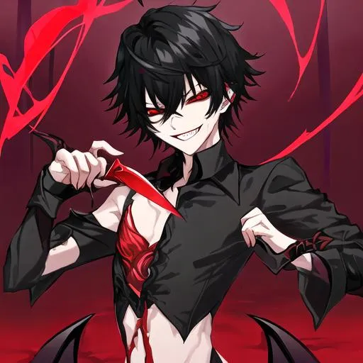 Prompt: Damien (male, short black hair, red eyes), demon form, grinning seductively, holding a knife, hearts around him
