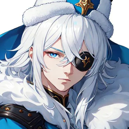 Prompt: Russia as a male human, 8k, UHD,  highly detailed, white hair, blue eyes, wearing a fluffy giant jacket and a ushanka, wearing an eye patch, close up