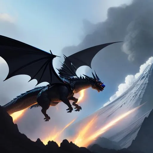 Prompt: a black dragon with blue markings flying out of a volcano, perfect composition, hyperrealistic, super detailed, 8k, high quality, trending art, trending on artstation, sharp focus, studio photo, intricate details, highly detailed, by greg rutkowski, illustration, watercolor