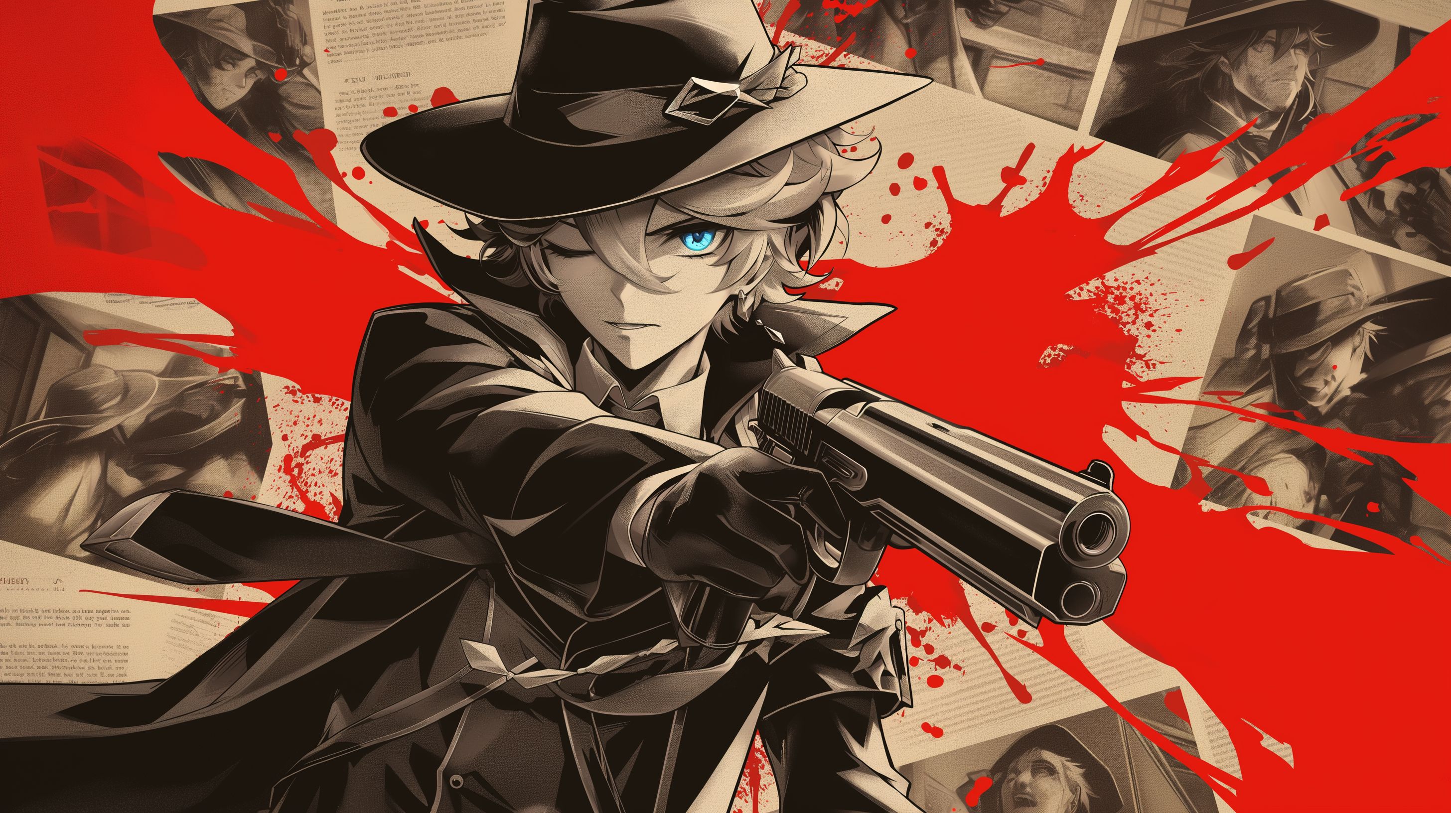 Prompt: Tartaglia from genshin impact fireing a tommy gun in a an old black and white photo on the cover of an old newspaper. The only color on the newspaper is the red of dried blood, he's in a cool dramatic pose holding the gun surrounded by black silloutes of other gansters around him, he is wearing an fedora with a wide brim --niji 6 --ar 16:9