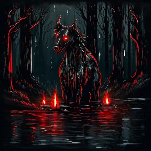 Prompt: {dripping art style} creepy Scottish folklore kelpie emerging from the lake, with glowing red eyes, dripping oil, dark starless night, forest of pine trees. Beautiful, majestic, graceful, terrifying, haunting, powerful, with great detail