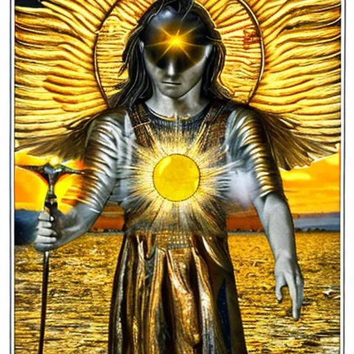 Prompt: organized power of the new sun, archangel, plastic river made of gold