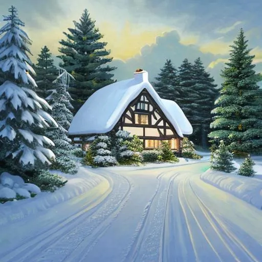 Prompt: A snowscape with evergreens and an english cottage