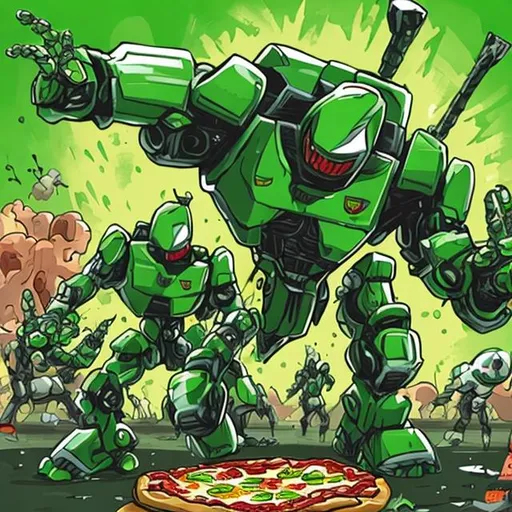 Prompt: a big green robot fight pizza robots