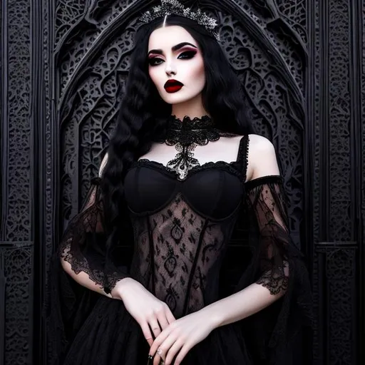 Prompt: breathtaking gothic woman adorned with black lace garments, black lipstick, high quality, meticulously detailed, oil inspired
