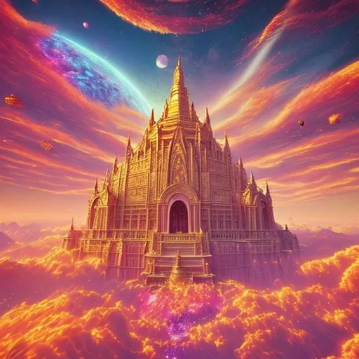 Prompt: A breath taking view of The temple of the spirit realm floating in the sunny sky surrounded by pink and gold cosmic space dust fantasy 100k realistic beautiful dream colourful 