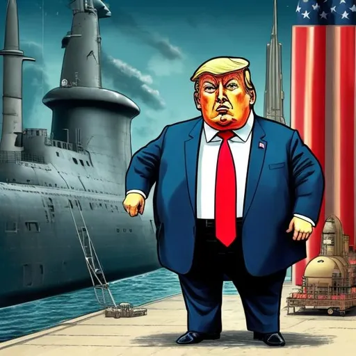 Prompt: Cute, obese Spy Trump in front of a nuclear submarine in drydock, dark-blue suit, too long red tie, u-boat scene, muted gloomy colored, Sergio Aragonés MAD Magazine cartoon style