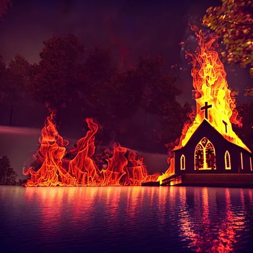 Prompt: long shot, church on fire, cute, dark lighting, mysterious body of water, 3d render, highly detailed
