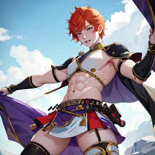 Prompt: Erikku male (short ginger hair, freckles, right eye blue left eye purple) muscular, UHD, 8K, Highly detailed, insane detail, best quality, high quality. wearing a skirt, wearing thigh highs