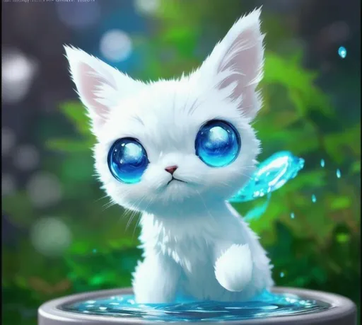 Prompt: Cute, blue, fluffy, liquid cat, possessing the element of water and making circles of water move around in the air in a magical way. Perfect features, extremely detailed, realistic. Krenz Cushart + loish +gaston bussiere +craig mullins, j. c. leyendecker +Artgerm.