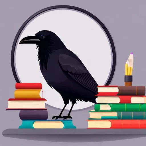 An raven wearing round glasses, next to a pile of bo... | OpenArt