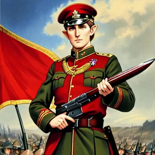 Prompt: An Elven soldier wearing a red and gold world war 1 style german general's uniform, wielding a combat knife in his left hand.