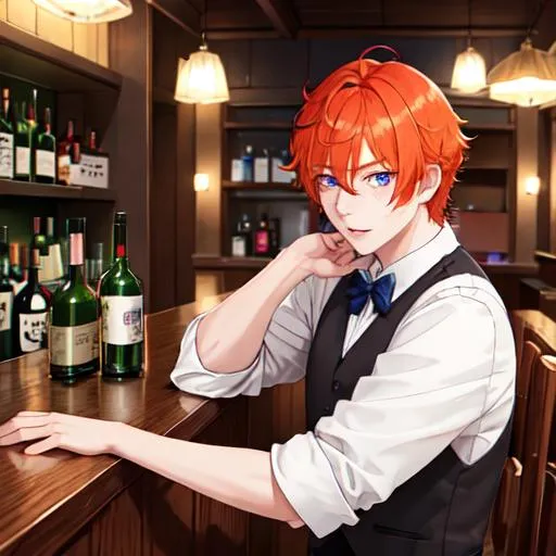 Prompt: Erikku male (short ginger hair, freckles, right eye blue left eye purple)  UHD, 8K, Highly detailed, insane detail, best quality, high quality. at the bar, drinking liquor