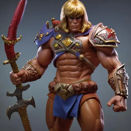 Prompt: 3d realistic rendering of he-man toy with sword in his hand, stunning 3 d render inspired art by of Roger Sweet, realistic, highly detailed attributes and atmosphere, dim volumetric cinematic lighting, 8 k octane detailed render, post - processing, masterpiece,