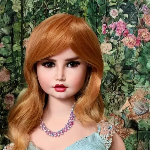 Prompt: Debby Ryan turned into a porcelain doll apart of a porcelain doll collection.