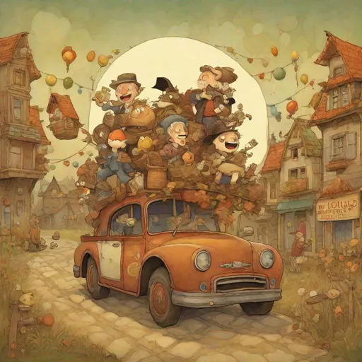 Prompt: harvest moon, festival of the lottery, the shadow eole, run away with me lucille in my merry oldsmobile: in the style of Keswtutis Kasparavicius, Brian Kesinger, naive art