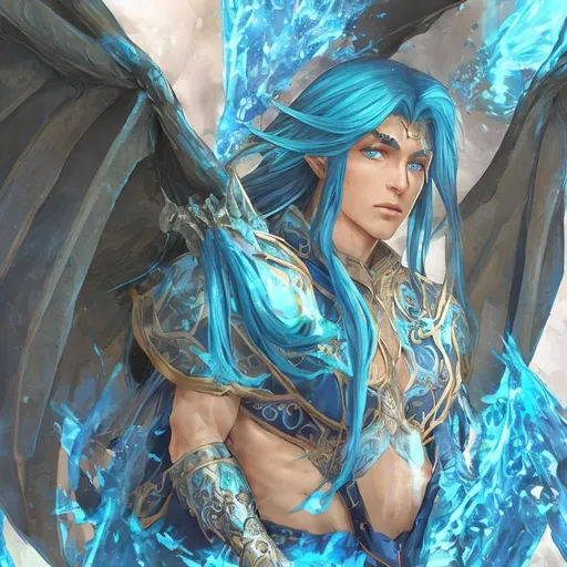 Prompt: Big Blue Dragon wings on an elf man with long Azure hair