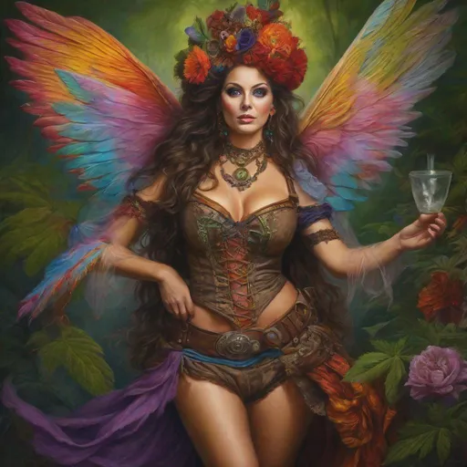 Prompt: Dynamic, hyper real painting. Full shot. A very beautiful, buxom woman with extremely, colorful, bright eyes, and {{{{Anatomically real hands}}}}, who's a Steampunk, belly dancing, cannabis, winged fairy, witch who wears a colorful, skimpy, gossamer, flowing outfit. Its Halloween and its a Dynamic,  photo realistic night.