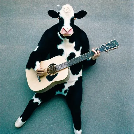 Prompt: a cow, playing guitar