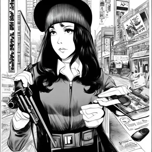 Prompt: Anna Karina dressed as a bank robber in the style of manga