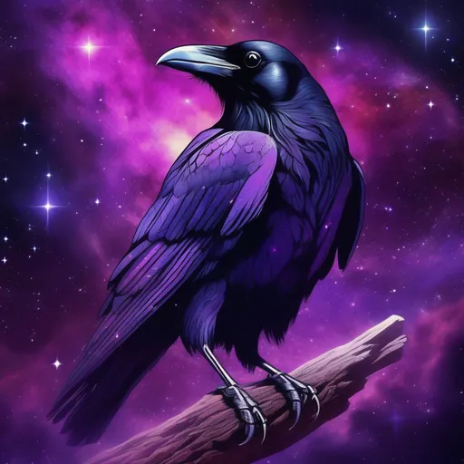 Prompt: Gungnir A Go Go, Raven, night sky with intense purple nebula and stars, comet, best quality, masterpiece, in psychedelic style