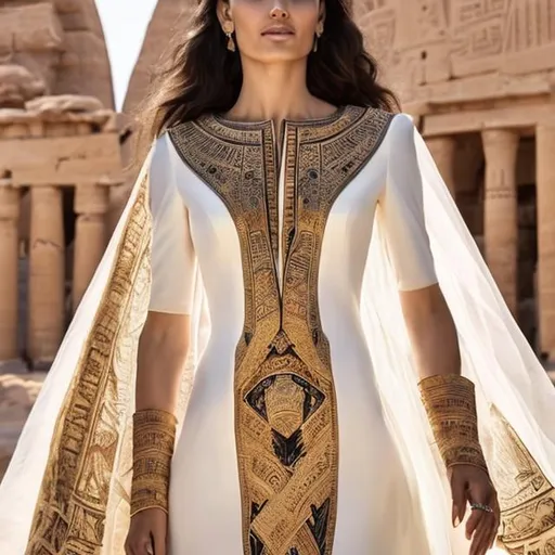 Prompt: A women's wedding dress with heritage and pharaonic inscriptions, black in color and golden pharaonic inscriptions, mixed with a modern cut, worn by a beautiful woman