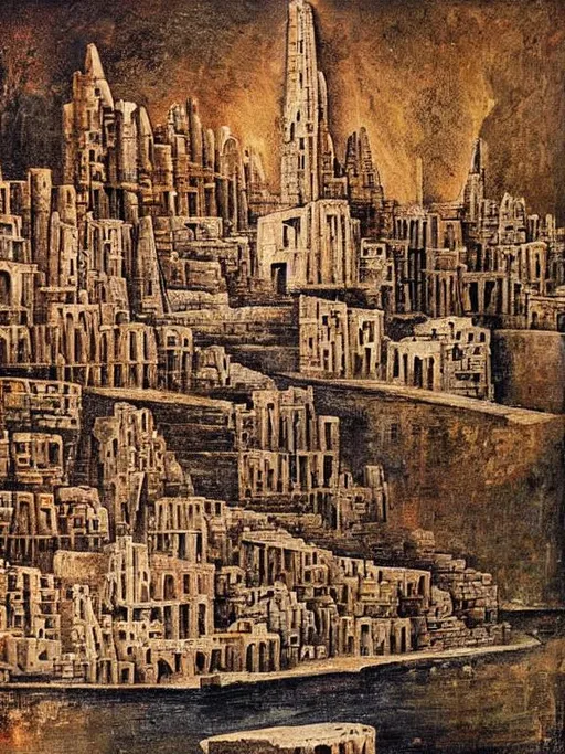Prompt: A futurstic and abstract painting by Daniel-Henry Kahnweiler, depicting he ancient city of Ynov, that thrived from the a river in the north african desert 100000 years ago. Its technology was highly advanced, the heart of the city had errected several blocky spires looking resembling the obelisk but more futuristic. Ziggurats are constructed around the wide river. It surely was an influence of its the time. The sky above the city was always dusty and sandy.