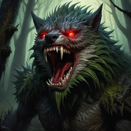 Prompt: Warhammer fantasy RPG style horror monster, haunting, unnatural, blood dripping from mouth, bristly fur, highly detailed illustration, detailed wide open jaws, long spiky teeth, fearful expression, oil painting, dark and ominous atmosphere, intricate bark textures, haunting black and green hues, mystical forest setting, piercing red glowing eyes, ancient and weathered appearance, best quality, highly detailed, oil painting, fantasy, dark atmosphere, intricate textures, mystical forest, glowing eyes, ancient appearance, haunting colors, professional, dramatic lighting