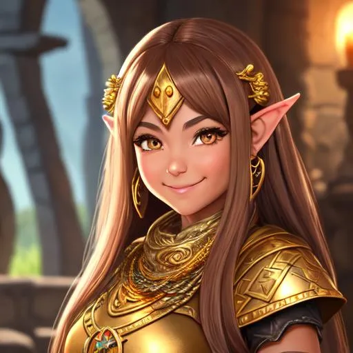 Prompt: oil painting, D&D fantasy, gold dwarf girl, tanned-skinned-female, beautiful, short bright dirty brown hair, straight hair, smiling, pointed ears, looking at the viewer, cleric wearing intricate adventurer outfit, #3238, UHD, hd , 8k eyes, detailed face, big anime dreamy eyes, 8k eyes, intricate details, insanely detailed, masterpiece, cinematic lighting, 8k, complementary colors, golden ratio, octane render, volumetric lighting, unreal 5, artwork, concept art, cover, top model, light on hair colorful glamourous hyperdetailed medieval city background, intricate hyperdetailed breathtaking colorful glamorous scenic view landscape, ultra-fine details, hyper-focused, deep colors, dramatic lighting, ambient lighting god rays, flowers, garden | by sakimi chan, artgerm, wlop, pixiv, tumblr, instagram, deviantart