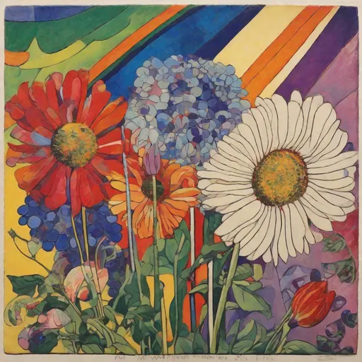 Prompt: Rainbow by Kandinsky, Hilma af Klimt, realistic flower painting, 🎨🖌️🖌️🎨, Margaret Preston, woodblock 