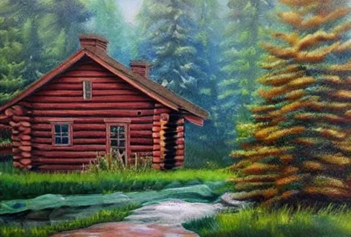 Prompt: realistic painting log cabin pine trees 